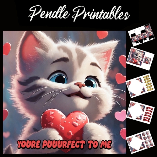 Youre Puuurfect To Me Cute Kitten Valentines Card 7x7 Card Kit. Matching Box, Gift Bauble,Tag