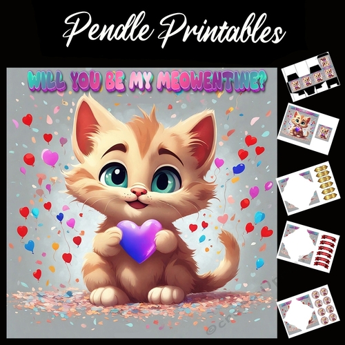 Will You Be My Meowentine? Cute Kitten Valentines Card 7x7 Card Kit. Matching Box, Gift Bauble,Tag