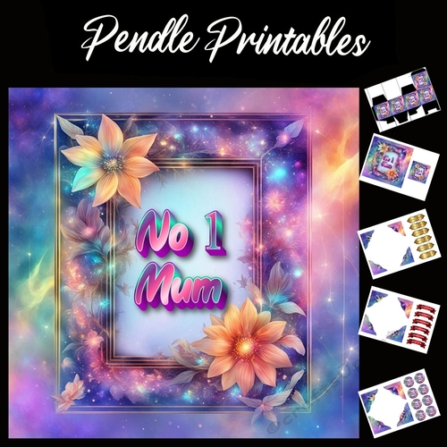Beautiful Neon Style No 1 Mum Mothers Day Card 7x7 Card Kit. Matching Box, Gift Bauble,Tag