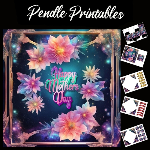 Beautiful Neon Style Happy Mothers Day Card 7x7 Card Kit. Matching Box, Gift Bauble,Tag