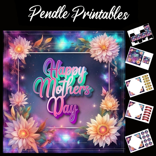 Beautiful Neon Style Framed Happy Mothers Day Card 7x7 Card Kit. Matching Box, Gift Bauble,Tag