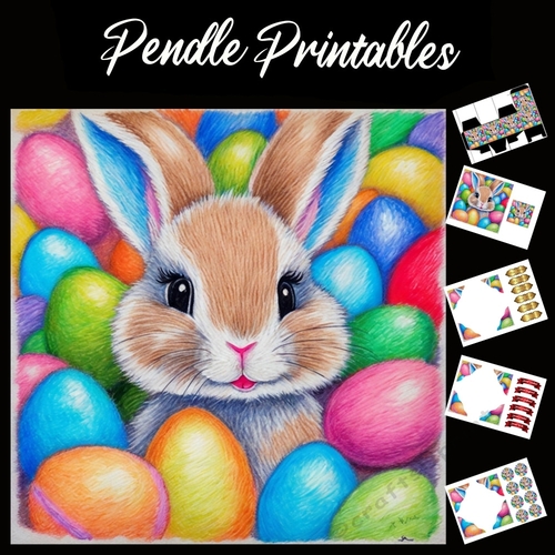 Easter Bunny Celebration Card 03 7x7 Card Kit. Matching Box, Gift Bauble,Tag