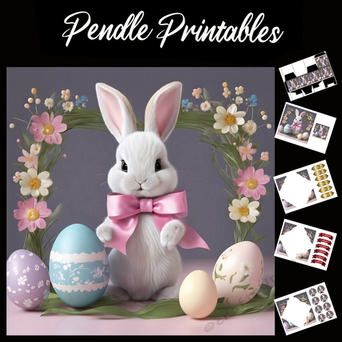Easter Bunny Celebration Card 07 7x7 Card Kit. Matching Box, Gift Bauble,Tag