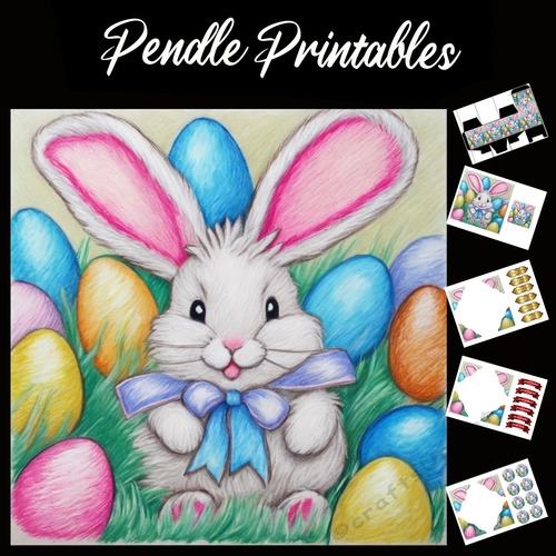 Easter Bunny Celebration Card 09 7x7 Card Kit. Matching Box, Gift Bauble,Tag