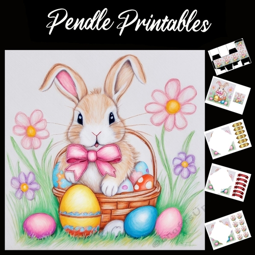 Easter Bunny Celebration Card 15 7x7 Card Kit. Matching Box, Gift Bauble,Tag