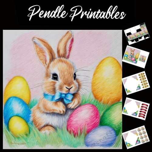 Easter Bunny Celebration Card 23 7x7 Card Kit. Matching Box, Gift Bauble,Tag