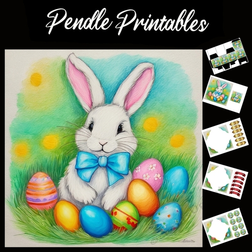 Easter Bunny Celebration Card 28 7x7 Card Kit. Matching Box, Gift Bauble,Tag