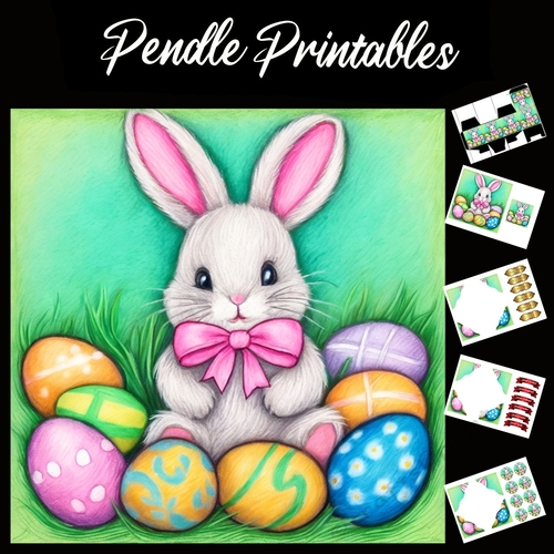 Easter Bunny Celebration Card 30 7x7 Card Kit. Matching Box, Gift Bauble,Tag