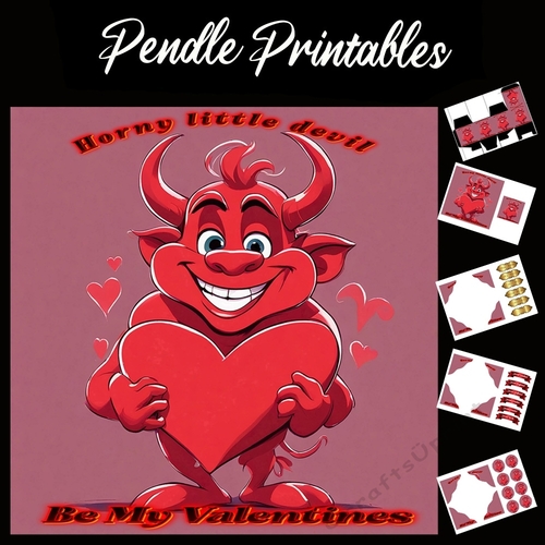 Horny Little Devil Valentines 7x7 Card Kit. Matching Box, Gift Bauble,Tag
