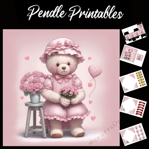 Cute Pink Teddy Mothers Day Card (1) 7x7 Card Kit. Matching Box, Gift Bauble,Tag