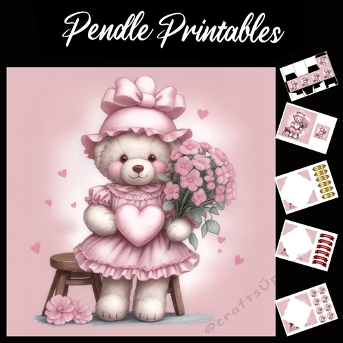 Cute Pink Teddy Mothers Day Card (2) 7x7 Card Kit. Matching Box, Gift Bauble,Tag