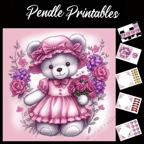 Cute Pink Teddy Mothers Day Card (3) 7x7 Card Kit. Matching Box, Gift Bauble,Tag