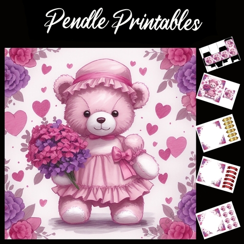 Cute Pink Teddy Mothers Day Card (4) 7x7 Card Kit. Matching Box, Gift Bauble,Tag
