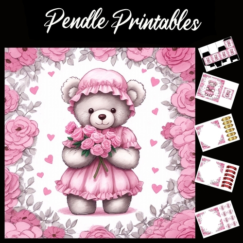 Cute Pink Teddy Mothers Day Card (5) 7x7 Card Kit. Matching Box, Gift Bauble,Tag