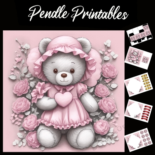 Cute Pink Teddy Mothers Day Card (6) 7x7 Card Kit. Matching Box, Gift Bauble,Tag
