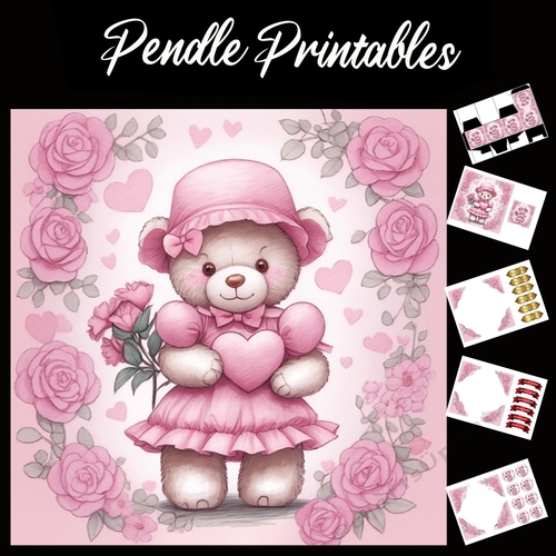 Cute Pink Teddy Mothers Day Card (7) 7x7 Card Kit. Matching Box, Gift Bauble,Tag