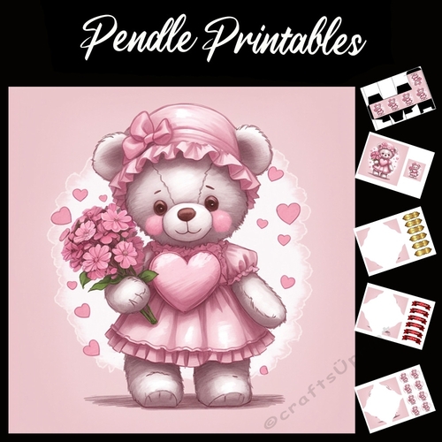 Cute Pink Teddy Mothers Day Card (9) 7x7 Card Kit. Matching Box, Gift Bauble,Tag
