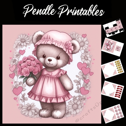Cute Pink Teddy Mothers Day Card (10) 7x7 Card Kit. Matching Box, Gift Bauble,Tag