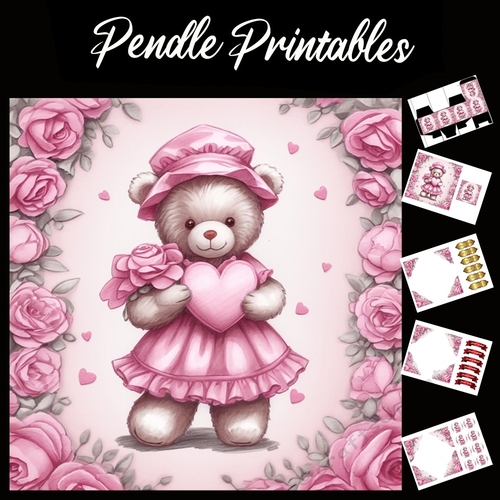 Cute Pink Teddy Mothers Day Card (11) 7x7 Card Kit. Matching Box, Gift Bauble,Tag