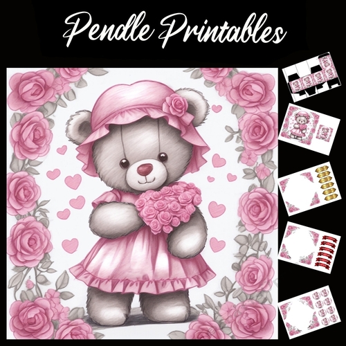 Cute Pink Teddy Mothers Day Card (12) 7x7 Card Kit. Matching Box, Gift Bauble,Tag
