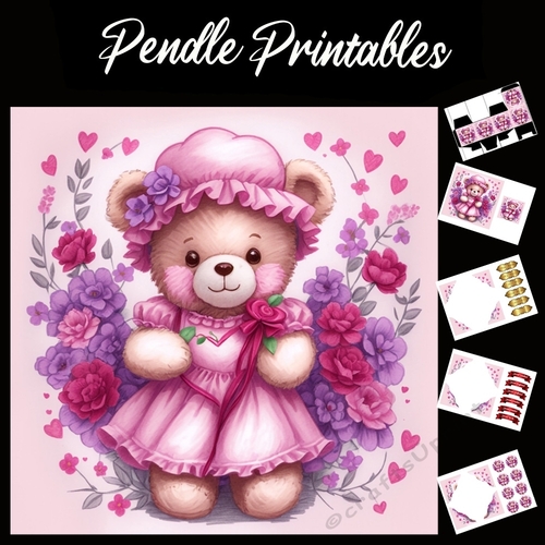 Cute Pink Teddy Mothers Day Card (12a) 7x7 Card Kit. Matching Box, Gift Bauble,Tag