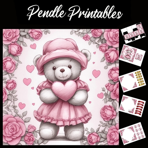 Cute Pink Teddy Mothers Day Card (14) 7x7 Card Kit. Matching Box, Gift Bauble,Tag