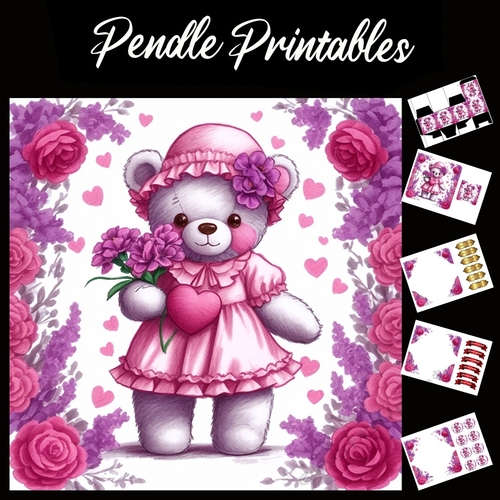 Cute Pink Teddy Mothers Day Card (15) 7x7 Card Kit. Matching Box, Gift Bauble,Tag