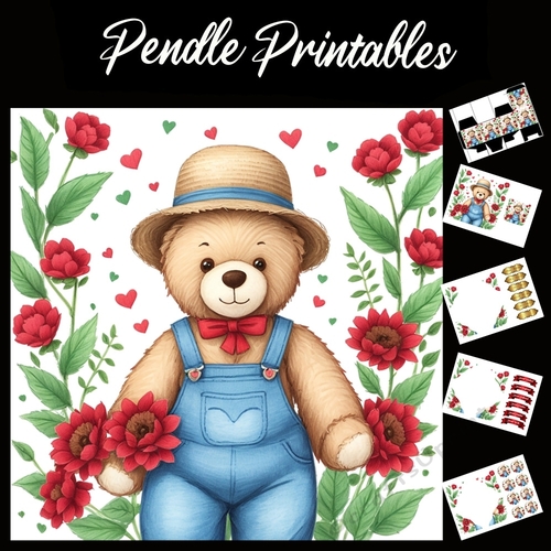 Cute Teddy In Blue Dungarees. Mothers Day Card (1) 7x7 Card Kit. Matching Box, Gift Bauble,Tag