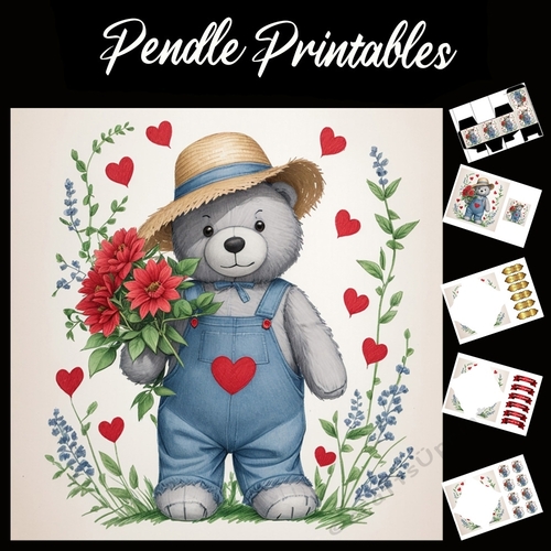 Cute Teddy In Blue Dungarees. Mothers Day Card (2) 7x7 Card Kit. Matching Box, Gift Bauble,Tag