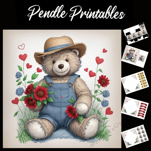 Cute Teddy In Blue Dungarees. Mothers Day Card (3) 7x7 Card Kit. Matching Box, Gift Bauble,Tag