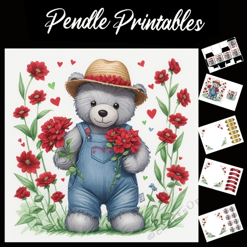 Cute Teddy In Blue Dungarees. Mothers Day Card (4) 7x7 Card Kit. Matching Box, Gift Bauble,Tag