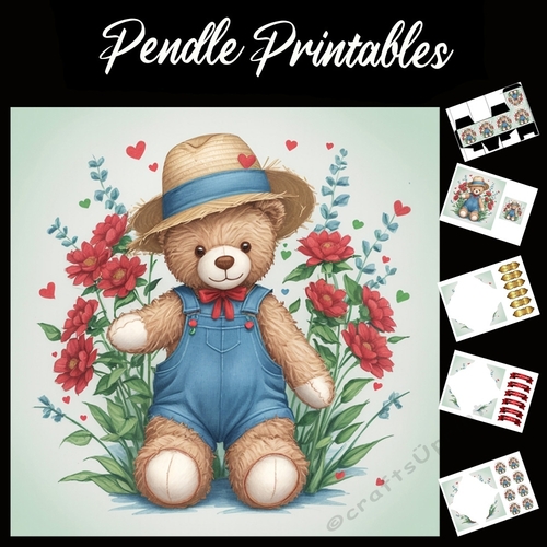 Cute Teddy In Blue Dungarees. Mothers Day Card (5) 7x7 Card Kit. Matching Box, Gift Bauble,Tag