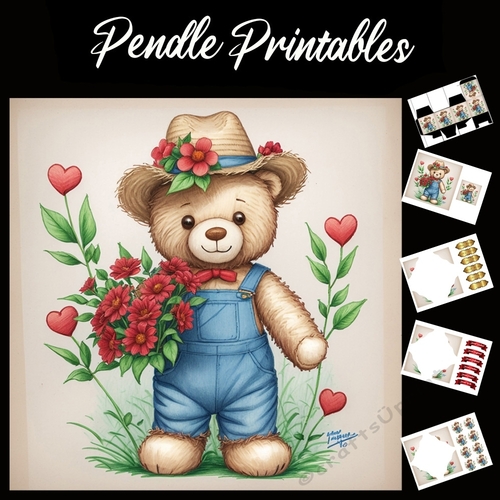 Cute Teddy In Blue Dungarees. Mothers Day Card (6) 7x7 Card Kit. Matching Box, Gift Bauble,Tag