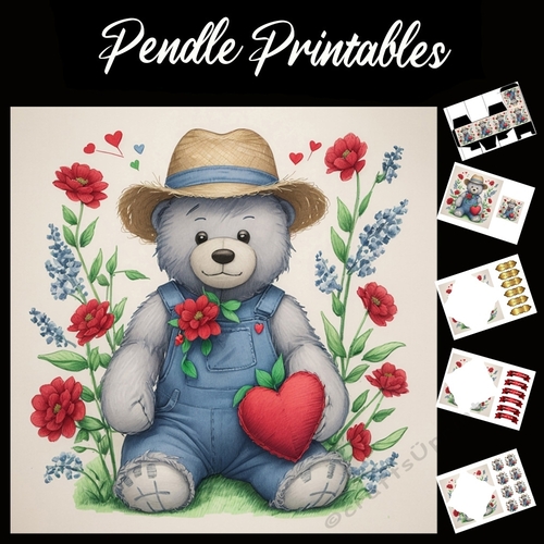 Cute Teddy In Blue Dungarees. Mothers Day Card (7) 7x7 Card Kit. Matching Box, Gift Bauble,Tag