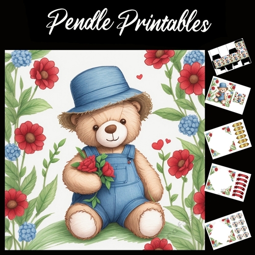 Cute Teddy In Blue Dungarees. Mothers Day Card (8) 7x7 Card Kit. Matching Box, Gift Bauble,Tag