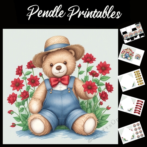 Cute Teddy In Blue Dungarees. Mothers Day Card (9) 7x7 Card Kit. Matching Box, Gift Bauble,Tag