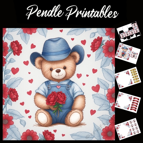 Cute Teddy In Blue Dungarees. Mothers Day Card (10) 7x7 Card Kit. Matching Box, Gift Bauble,Tag