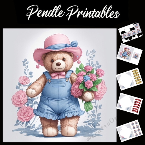 Cute Teddy In Frilly Dungarees Mothers Day Card.  7x7 Card Kit. Matching Box, Gift Bauble,Tag
