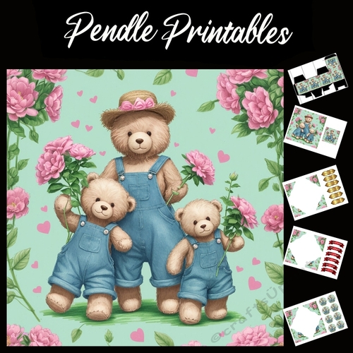 Cute Teddy Family Mothers Day Card.  7x7 Card Kit. Matching Box, Gift Bauble,Tag