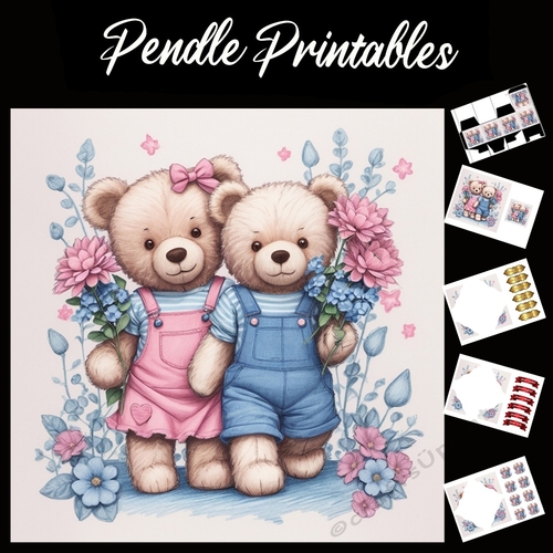 Cute Brother & Sister Teddies Mothers Day Card.  7x7 Card Kit. Matching Box, Gift Bauble,Tag