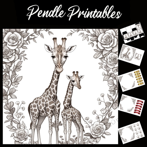 Mummy & Baby Giraffe Pencil Sketch Style. Mothers Day Card 7x7 Card Kit. Matching Box, Gift Bauble,Tag