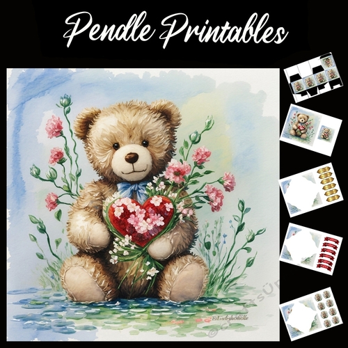 Cute Teddy With Flowers Mothers Day Card 7x7 Card Kit. Matching Box, Gift Bauble,Tag