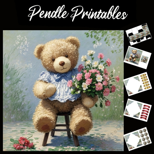 Cute Teddy With Flowers Mothers Day Card (2) 7x7 Card Kit. Matching Box, Gift Bauble,Tag
