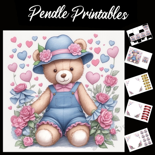 Cute Teddy In Frilly Edge Dungarees. Mothers Day Card 7x7 Card Kit. Matching Box, Gift Bauble,Tag