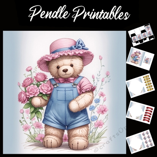 Cute Teddy In Dungarees. Mothers Day Card 7x7 Card Kit. Matching Box, Gift Bauble,Tag