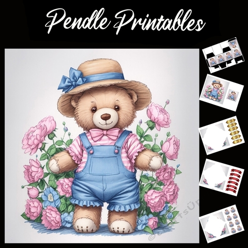 Cute Teddy In Frilly Dungarees. Mothers Day Card 7x7 Card Kit. Matching Box, Gift Bauble,Tag