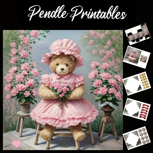 Cute Teddy In Pink Frilly Dress. Mothers Day Card 7x7 Card Kit. Matching Box, Gift Bauble,Tag