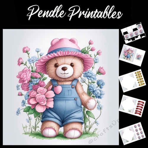 Cute Pink Hat Teddy Bear. Mothers Day Card 7x7 Card Kit. Matching Box, Gift Bauble,Tag