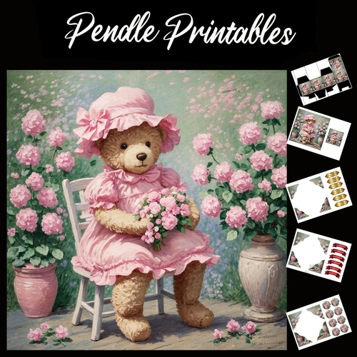 Pink Frilly Dress Teddy. Mothers Day Card 7x7 Card Kit. Matching Box, Gift Bauble,Tag