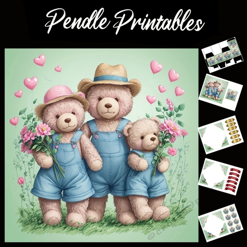 Three Bears. Mothers Day Card 7x7 Card Kit. Matching Box, Gift Bauble,Tag